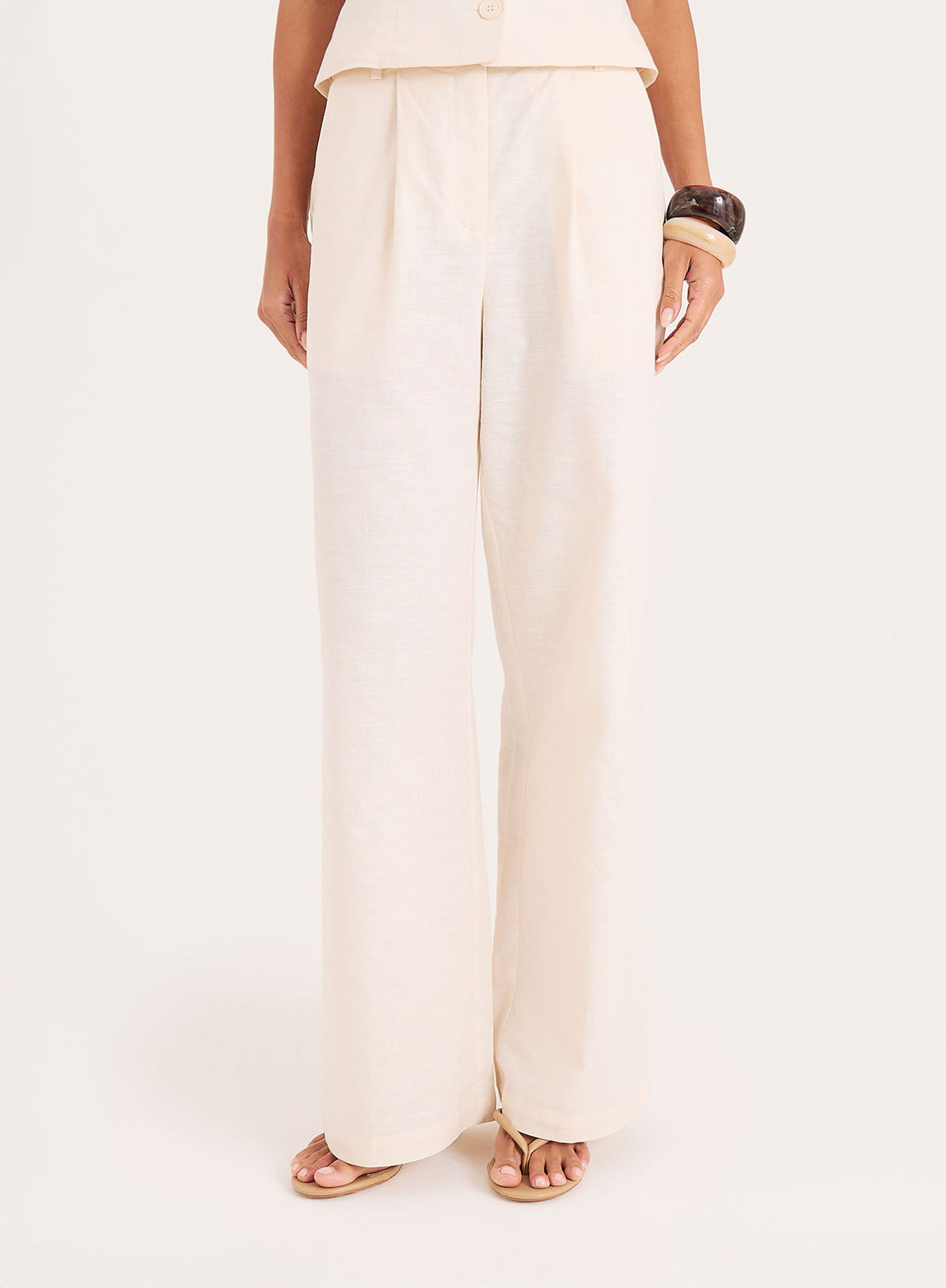 Cream Linen Blend Wide Leg Trousers